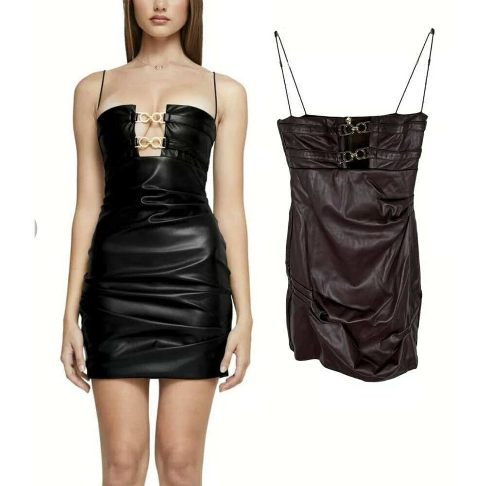 Nookie Drama Mini Leather Strapless Brown Cocktail Dress Small NWT